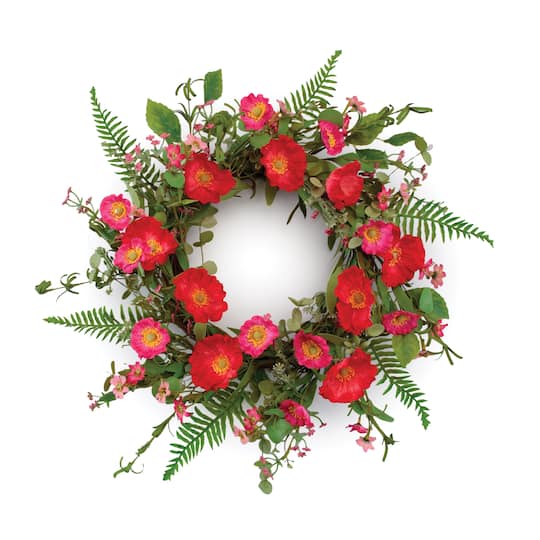 22" Red & Pink Mixed Poppy Floral Wreath